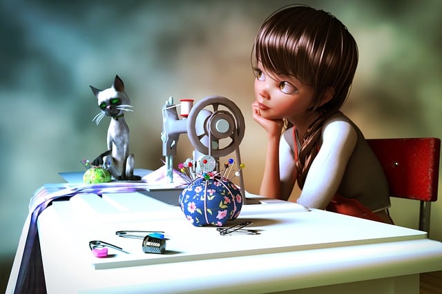 animated girl sitting with sewing machine