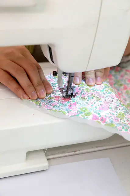 sewing colourful fabric